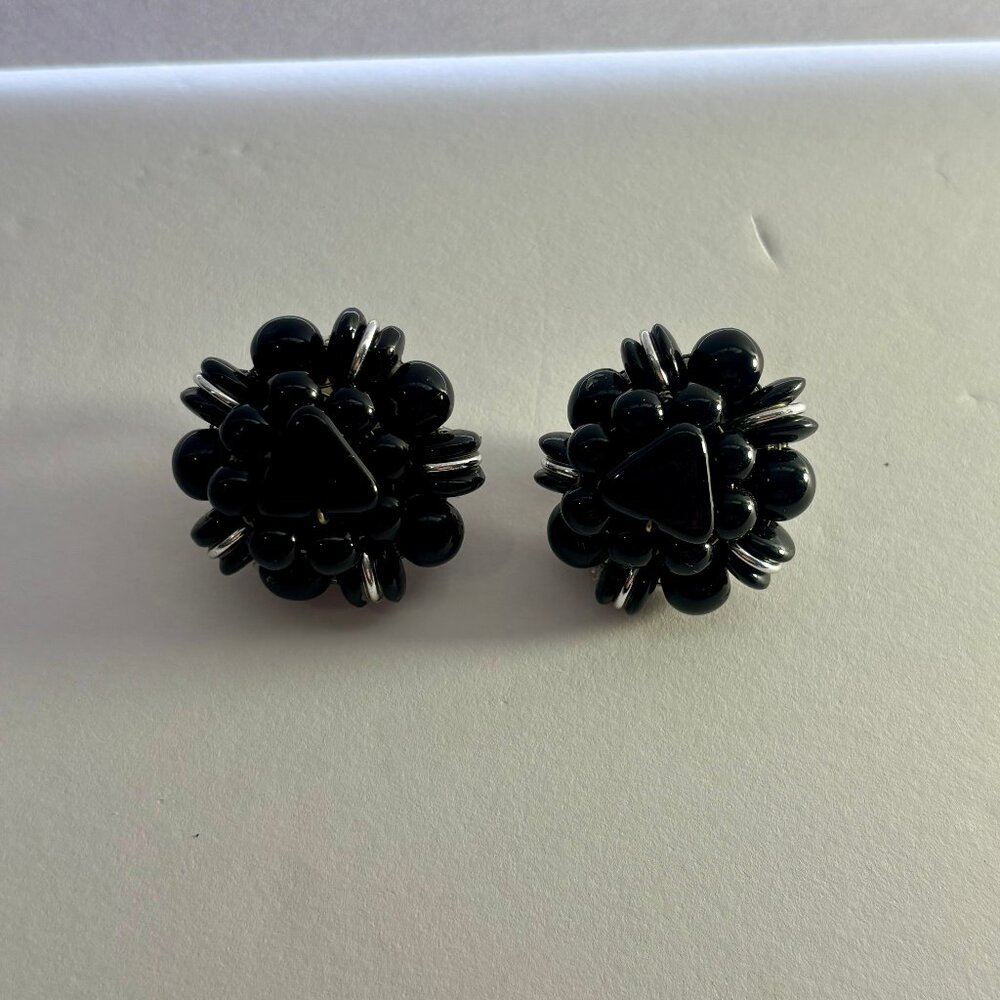 Vintage 1980s Black Beaded Cluster Clip On Geometric Statement Earrings